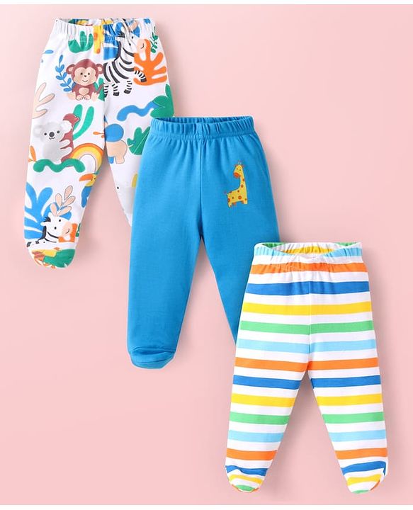 Babyhug Interlock Knit Bootie Leggings with Jungle Theme Print & Stripes Pack of 3 - Multicolor