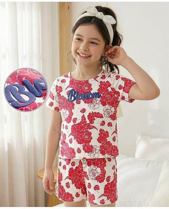 Pine Kids Single Jersey Knit Half Sleeves Co-ords Shorts Night Suit with Floral & Text Puff Print - Red & White