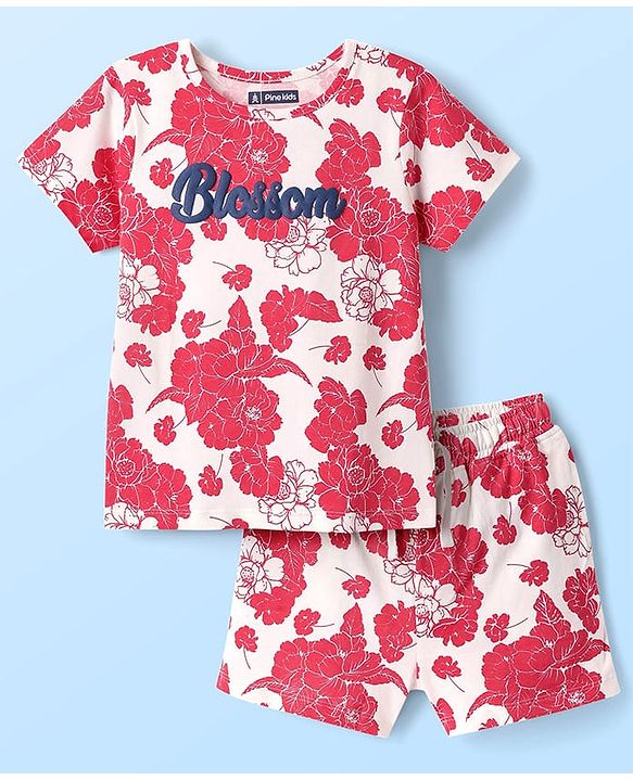 Pine Kids Single Jersey Knit Half Sleeves Co-ords Shorts Night Suit with Floral & Text Puff Print - Red & White