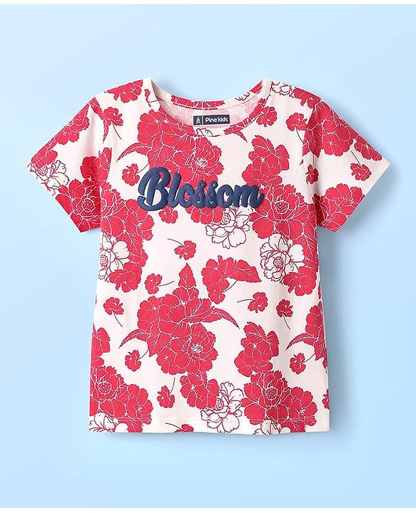 Pine Kids Single Jersey Knit Half Sleeves Co-ords Shorts Night Suit with Floral & Text Puff Print - Red & White