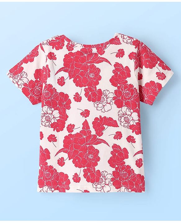 Pine Kids Single Jersey Knit Half Sleeves Co-ords Shorts Night Suit with Floral & Text Puff Print - Red & White