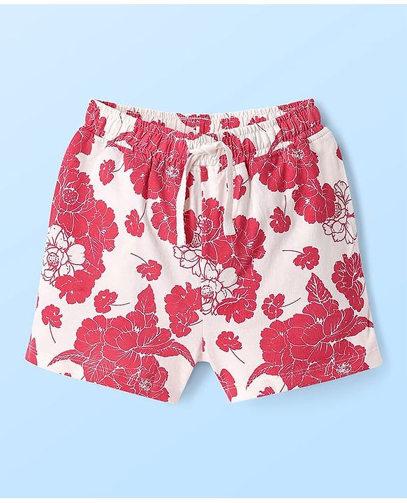 Pine Kids Single Jersey Knit Half Sleeves Co-ords Shorts Night Suit with Floral & Text Puff Print - Red & White
