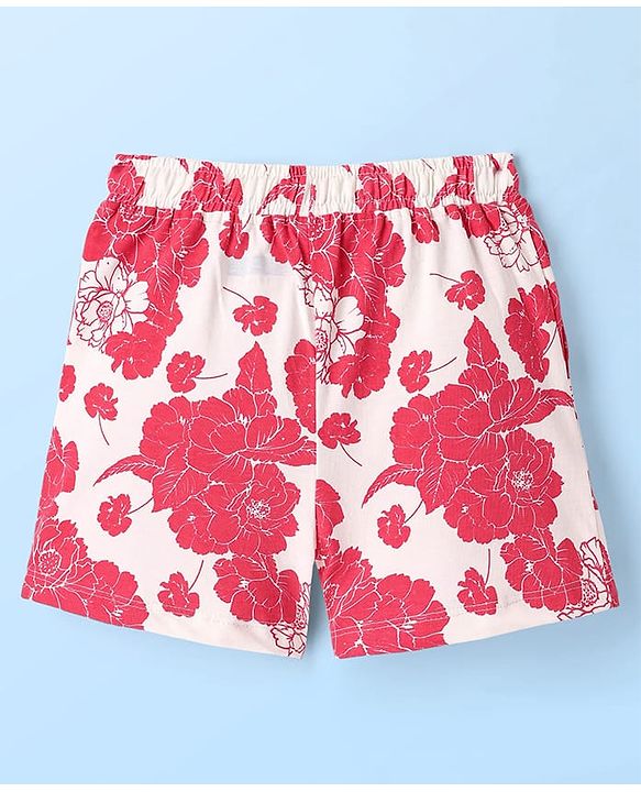 Pine Kids Single Jersey Knit Half Sleeves Co-ords Shorts Night Suit with Floral & Text Puff Print - Red & White