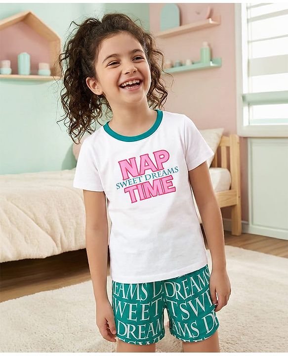 Pine Kids Single Jersey Knit Half Sleeves Shorts Night Suit With Text Print - White & Green