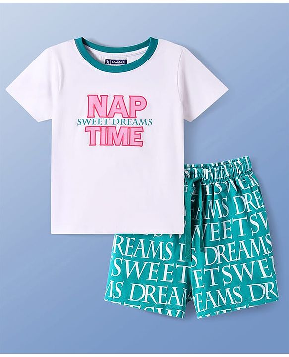 Pine Kids Single Jersey Knit Half Sleeves Shorts Night Suit With Text Print - White & Green