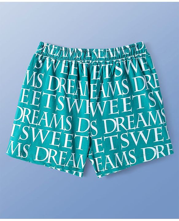 Pine Kids Single Jersey Knit Half Sleeves Shorts Night Suit With Text Print - White & Green