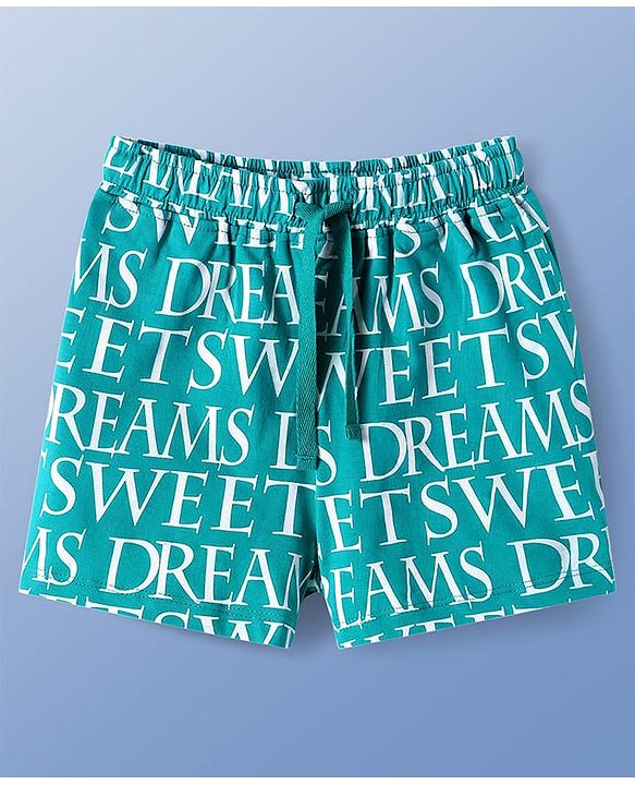Pine Kids Single Jersey Knit Half Sleeves Shorts Night Suit With Text Print - White & Green
