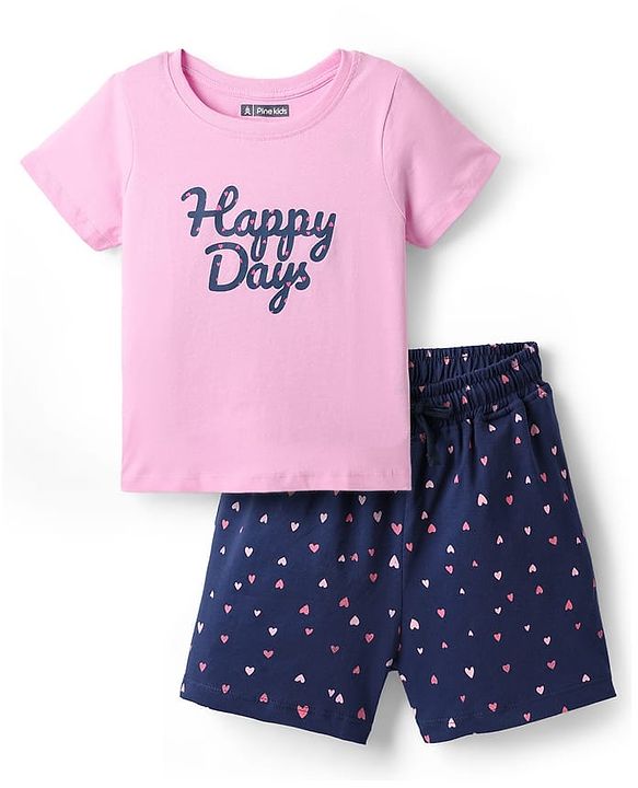 Pine Kids Single Jersey Knit Half Sleeves Shorts Nightsuit With Happy Days Text Print - Pink & Navy Blue