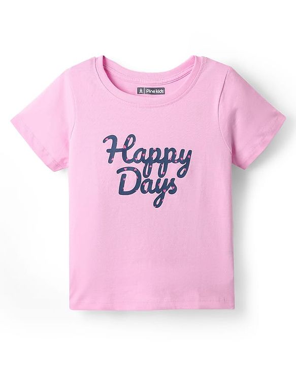 Pine Kids Single Jersey Knit Half Sleeves Shorts Nightsuit With Happy Days Text Print - Pink & Navy Blue