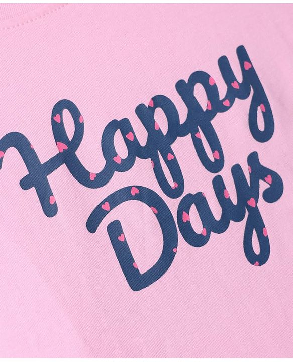 Pine Kids Single Jersey Knit Half Sleeves Shorts Nightsuit With Happy Days Text Print - Pink & Navy Blue