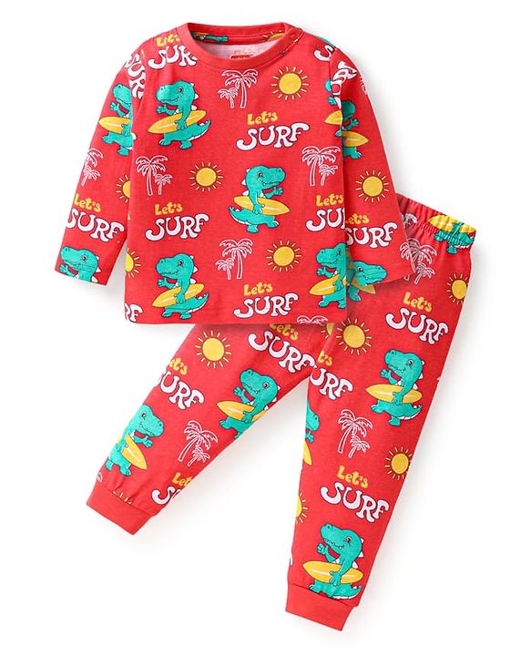 Babyhug Cotton Knit Full Sleeves Night Suit With Dino Print - Red