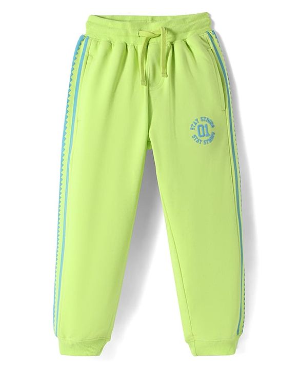Pine Kids Cotton Knit Full Length Lounge Pants with Tape & Stay Strong Text Print -Limegreen