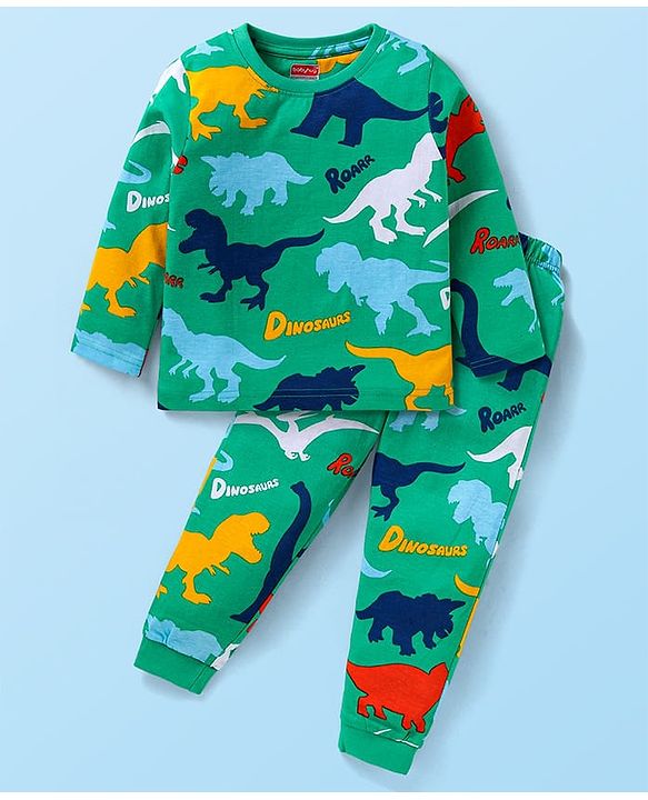 Babyhug Cotton Knit Full Sleeves Night Suit with Dino Print - Green