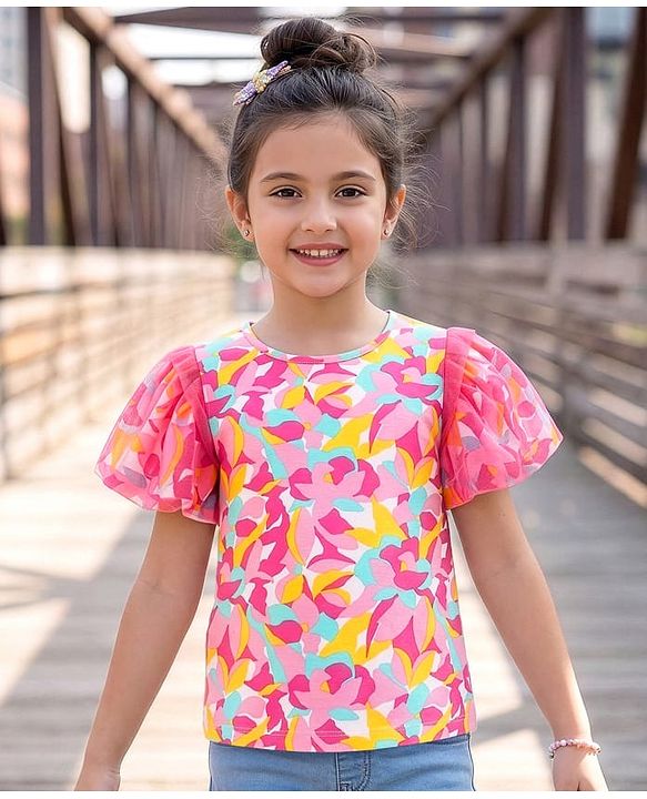 Pine Kids Cotton Knit Half Puffed Sleeves Printed Top - Pink