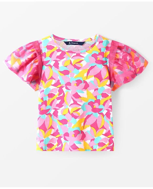 Pine Kids Cotton Knit Half Puffed Sleeves Printed Top - Pink