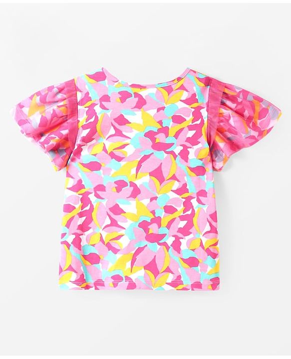 Pine Kids Cotton Knit Half Puffed Sleeves Printed Top - Pink