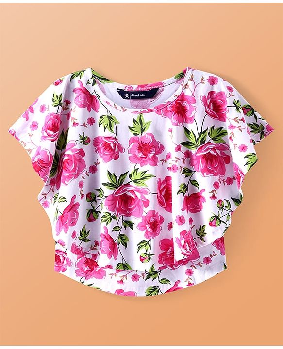 Pine Kids Cotton Knit Half Sleeves Top with Floral Print - Pink & White
