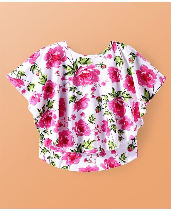 Pine Kids Cotton Knit Half Sleeves Top with Floral Print - Pink & White