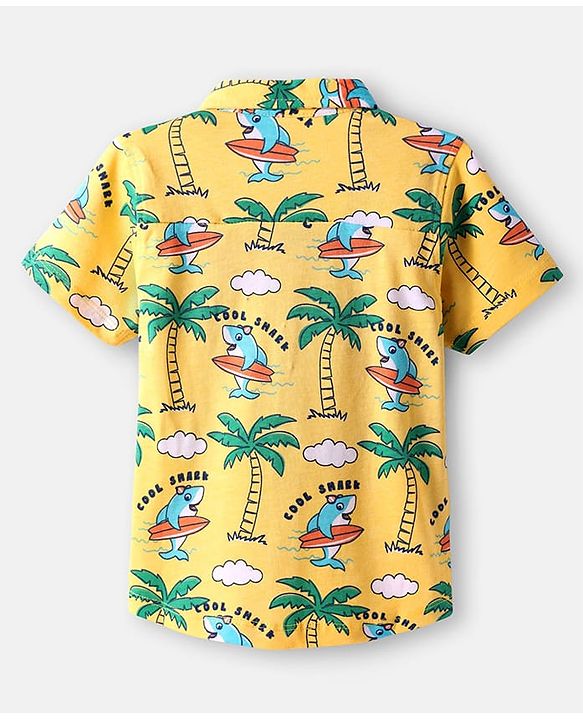 Babyhug Cotton Knit Half Sleeves Shirt with Beach Theme Print - Yellow