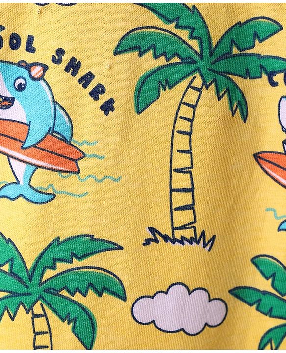 Babyhug Cotton Knit Half Sleeves Shirt with Beach Theme Print - Yellow