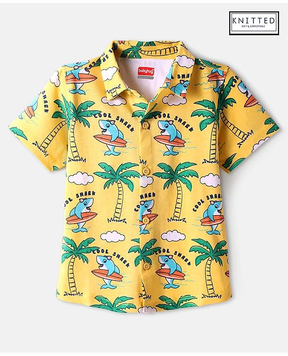 Babyhug Cotton Knit Half Sleeves Shirt with Beach Theme Print - Yellow
