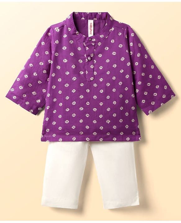 Babyhug Cambric Woven Full Sleeves Kurta Pyjama Set With Bandhani Print - Purple & White