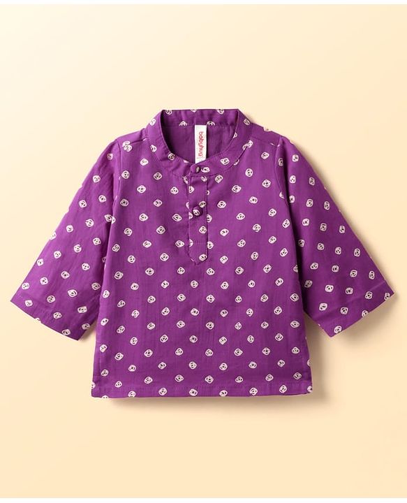Babyhug Cambric Woven Full Sleeves Kurta Pyjama Set With Bandhani Print - Purple & White