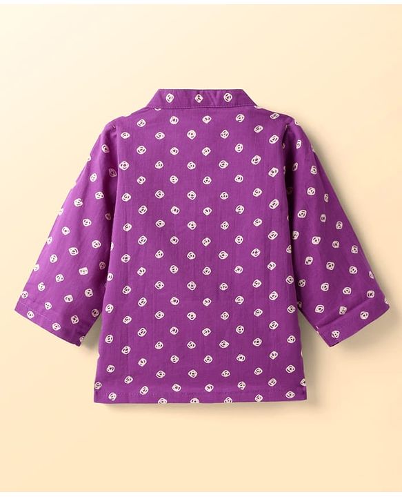 Babyhug Cambric Woven Full Sleeves Kurta Pyjama Set With Bandhani Print - Purple & White