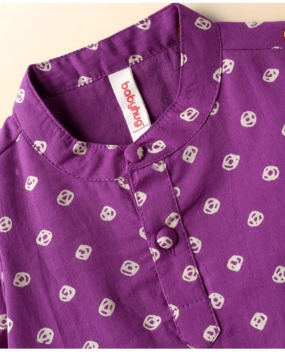 Babyhug Cambric Woven Full Sleeves Kurta Pyjama Set With Bandhani Print - Purple & White