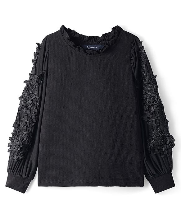 Pine Kids Woven Full Sleeves Top With Floral Embroidery - Black