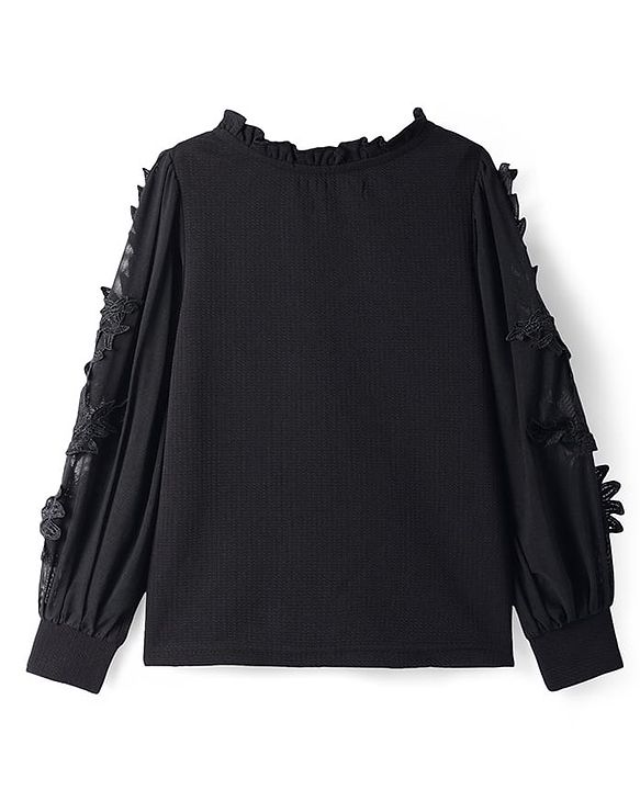 Pine Kids Woven Full Sleeves Top With Floral Embroidery - Black