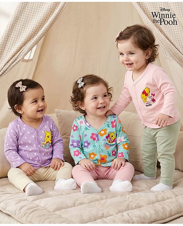 Babyhug Disney Interlock Knit Full Sleeves Jhablas with Winnie the Pooh Graphics Pack of 3 - Light Blue Lavender & Pink