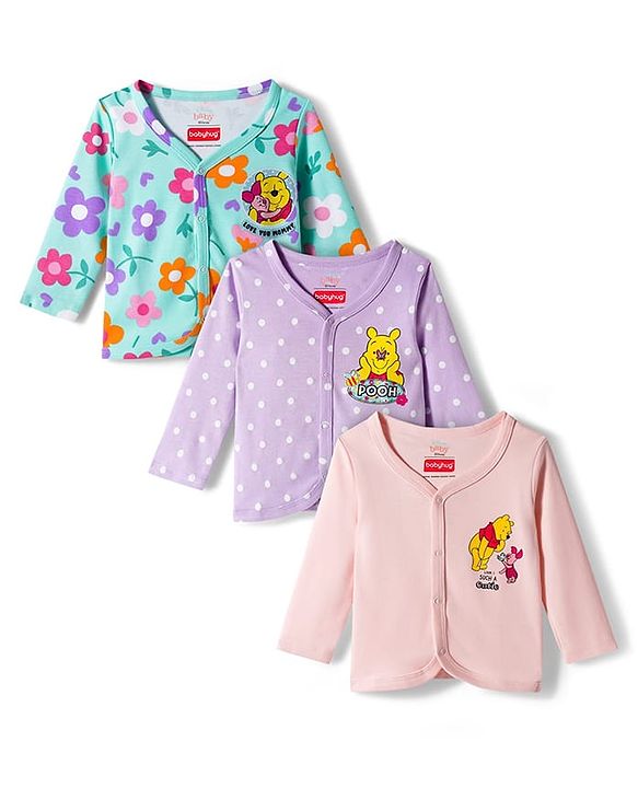Babyhug Disney Interlock Knit Full Sleeves Jhablas with Winnie the Pooh Graphics Pack of 3 - Light Blue Lavender & Pink