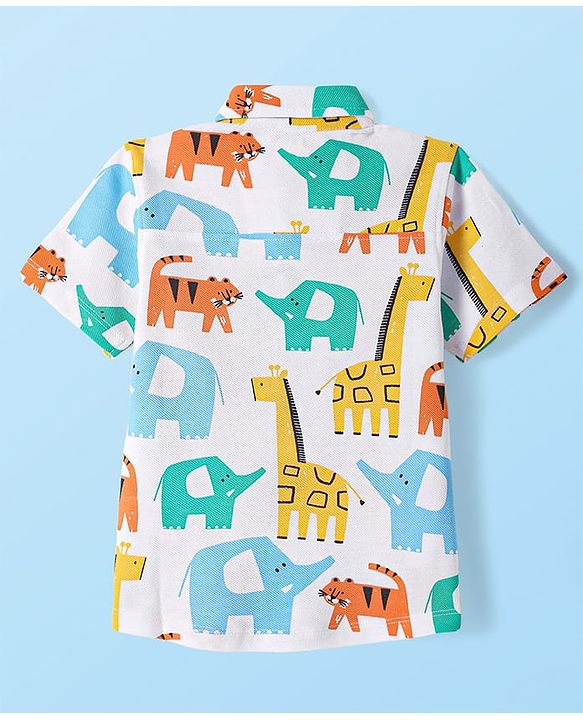 Babyhug Cotton Knit Half Sleeves Shirt with Animals  Print - White
