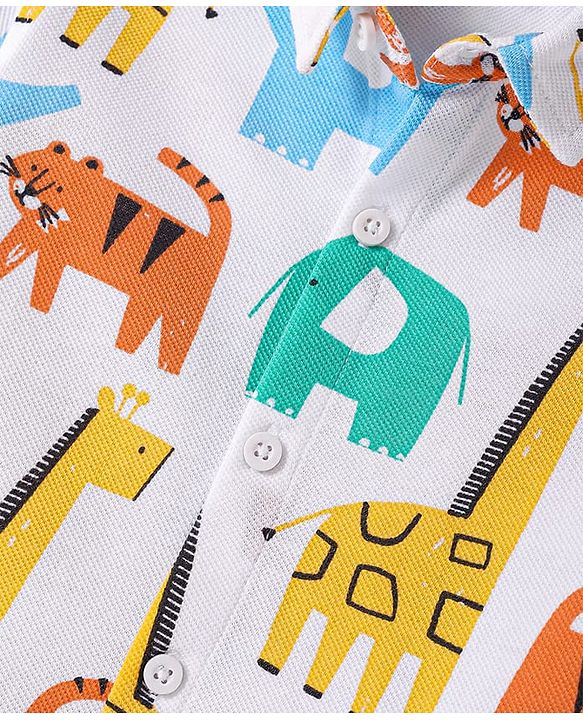 Babyhug Cotton Knit Half Sleeves Shirt with Animals  Print - White
