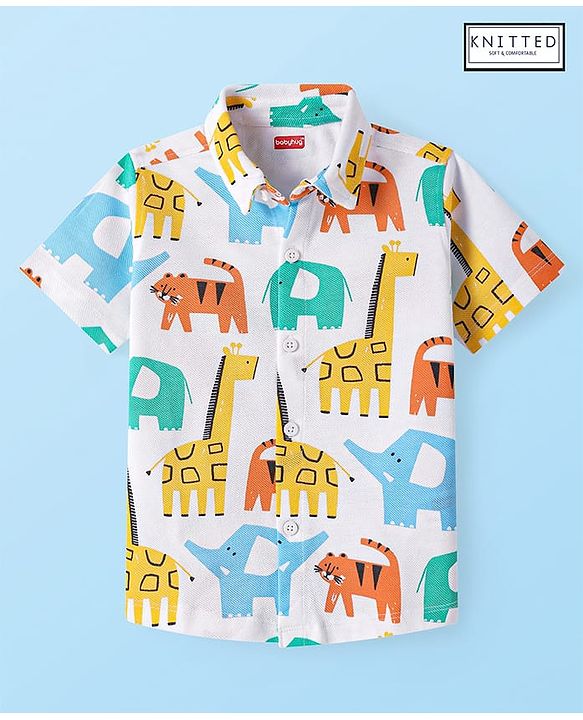 Babyhug Cotton Knit Half Sleeves Shirt with Animals  Print - White