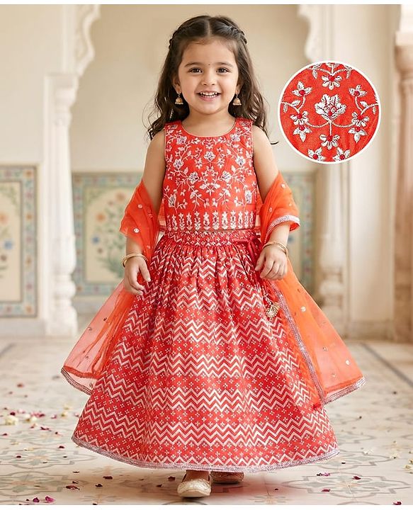 Babyhug Woven Sleeveless Floral  Embroidered Choli Lehenga & Dupatta Set with Tassle Detailing & Foil Print - Orange