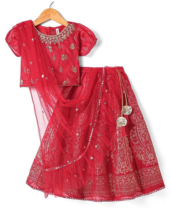 Babyhug Woven Short Sleeves Floral Embroidered & Foil Printed Choli Lehenga with Dupatta- Red