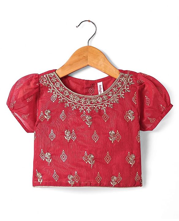 Babyhug Woven Short Sleeves Floral Embroidered & Foil Printed Choli Lehenga with Dupatta- Red