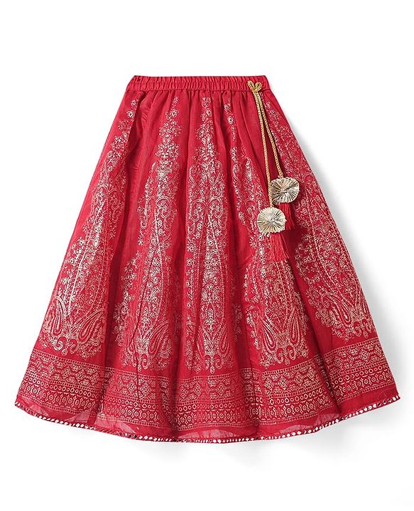 Babyhug Woven Short Sleeves Floral Embroidered & Foil Printed Choli Lehenga with Dupatta- Red