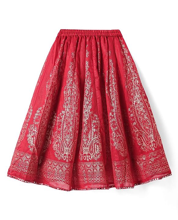 Babyhug Woven Short Sleeves Floral Embroidered & Foil Printed Choli Lehenga with Dupatta- Red