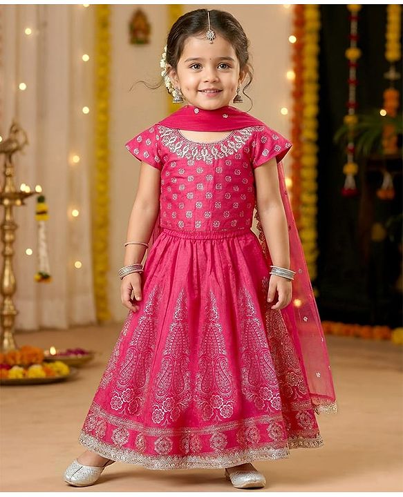 Babyhug Woven Half Sleeves Lehenga Choli Set With Floral Foil Print & Embroidery And Dupatta - Dark Pink