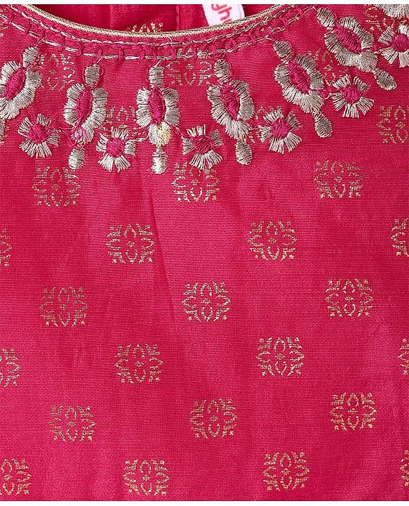 Babyhug Woven Half Sleeves Lehenga Choli Set With Floral Foil Print & Embroidery And Dupatta - Dark Pink