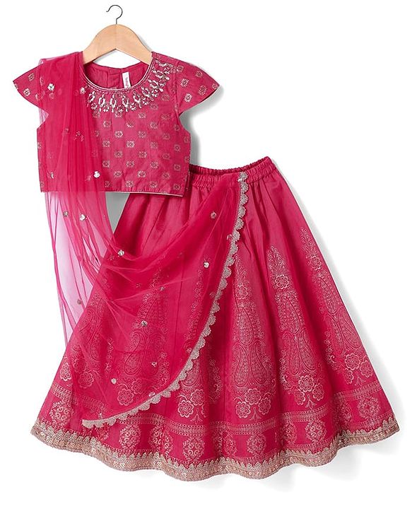 Babyhug Woven Half Sleeves Lehenga Choli Set With Floral Foil Print & Embroidery And Dupatta - Dark Pink