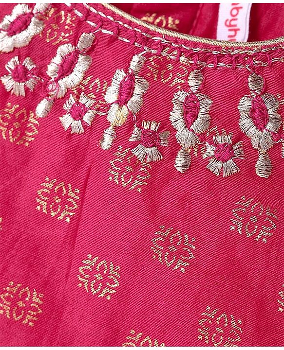 Babyhug Woven Half Sleeves Lehenga Choli Set With Floral Foil Print & Embroidery And Dupatta - Dark Pink