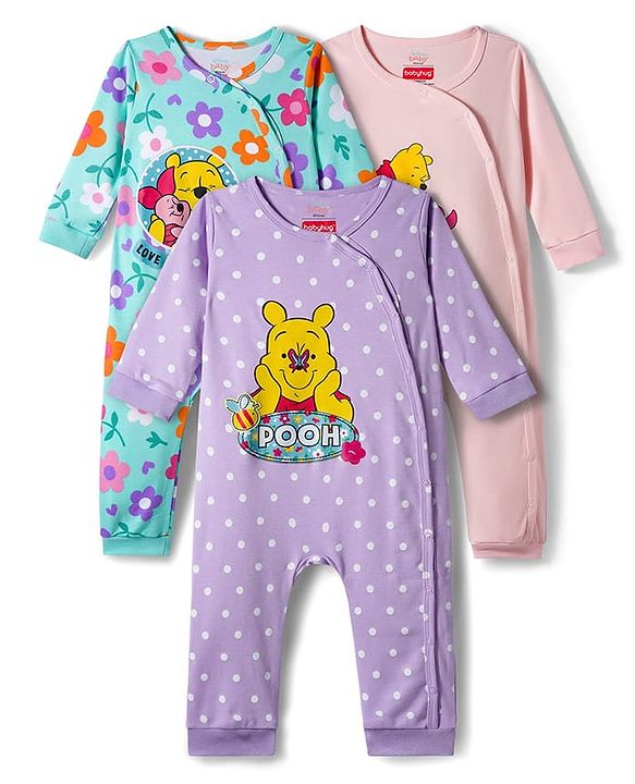 Babyhug Disney Interlock Knit Full Sleeves Front Open Rompers with Winnie the Pooh Graphics Pack of 3 - Pink Turquoise & Lilac