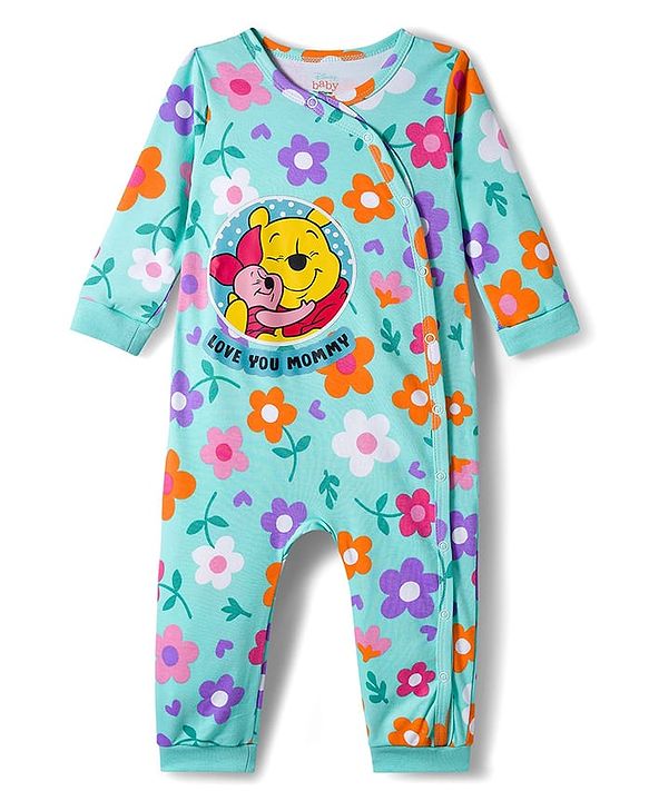Babyhug Disney Interlock Knit Full Sleeves Front Open Rompers with Winnie the Pooh Graphics Pack of 3 - Pink Turquoise & Lilac