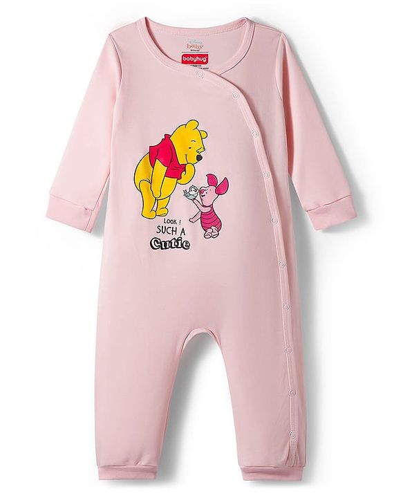 Babyhug Disney Interlock Knit Full Sleeves Front Open Rompers with Winnie the Pooh Graphics Pack of 3 - Pink Turquoise & Lilac
