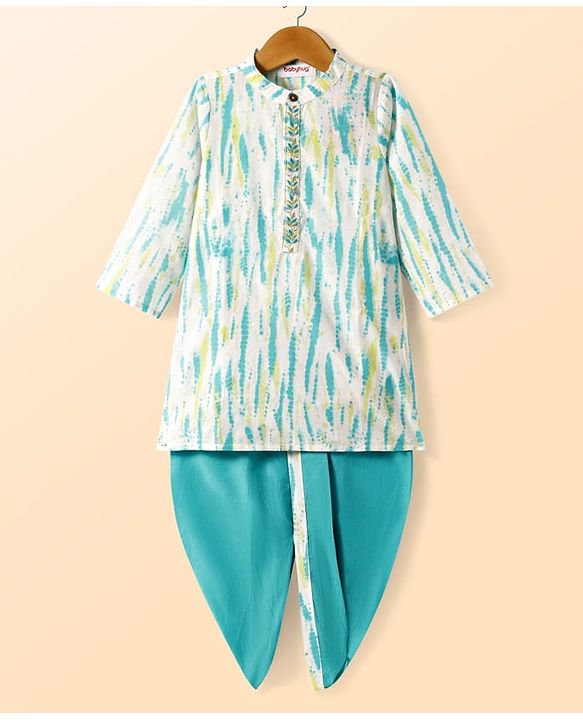 Babyhug Cotton Woven Full Sleeves Kurta Dhoti Set With Abstract Print & Embroidery - Turquoise