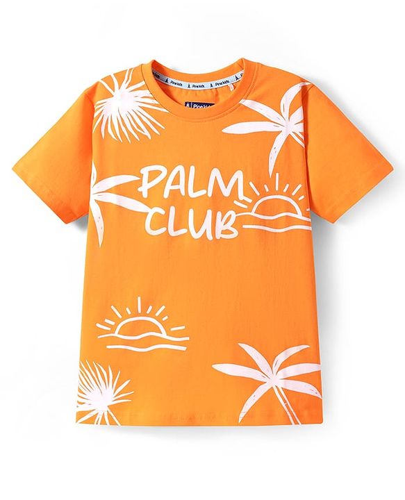 Pine Kids Cotton Knit Half Sleeves T-Shirt With Palm Club Text Print - Orange